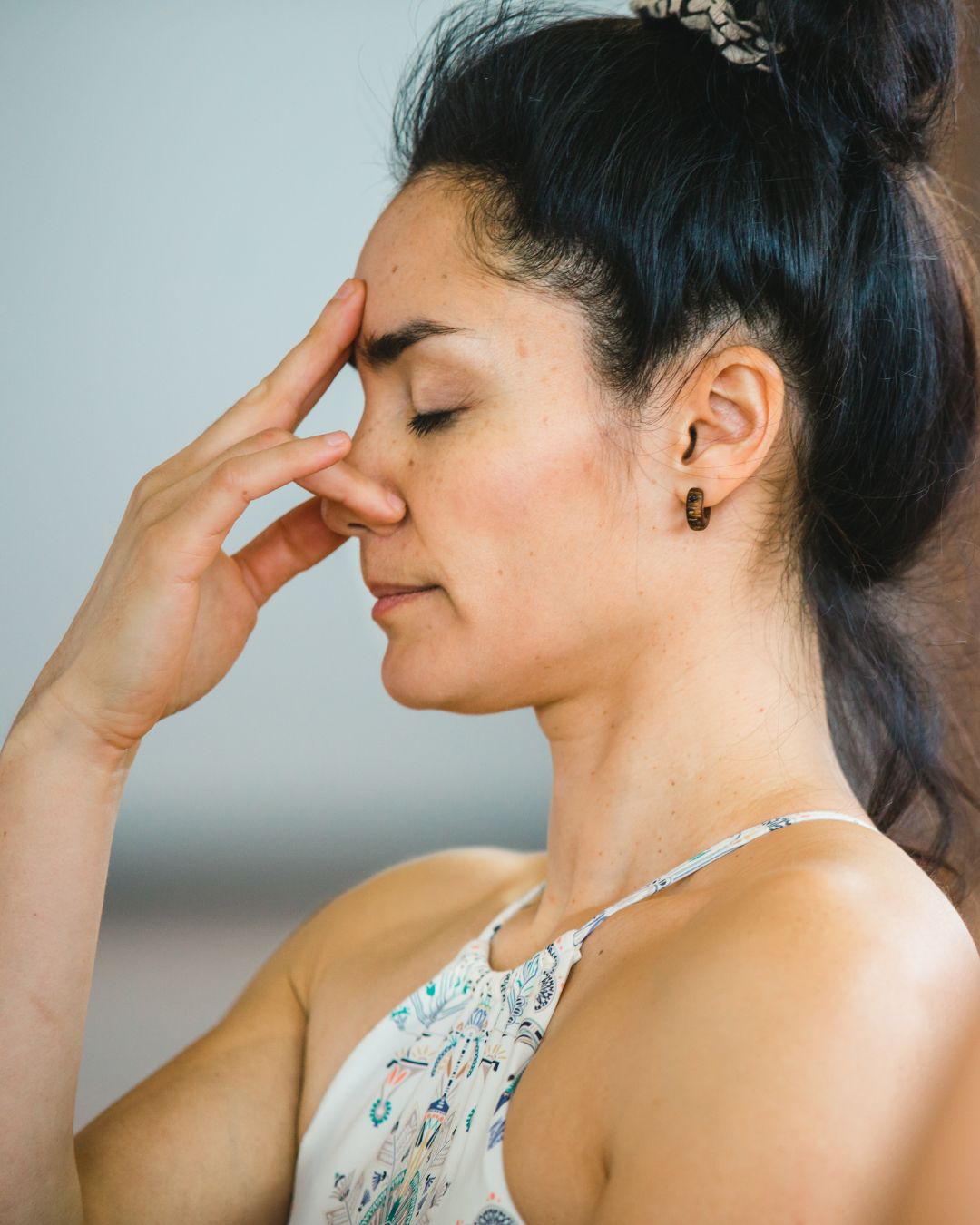 Pranayama breathing exercises. Women practicing yoga position